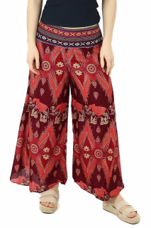 Pantaloni palazzo cu brau etno si print hindus si floral - Rosu