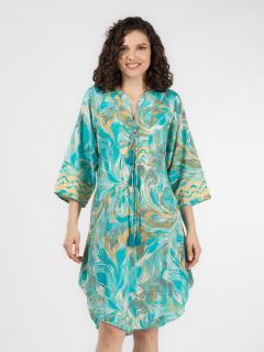 Rochie boho asimetrica din material fluid cu print si detalii aurii - Model 4
