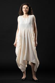 Rochie cu Croi Lejer in Colturi, Asimetrica, cu Buzunare Laterale si fara Maneci - Crem