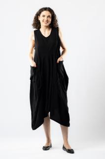 Rochie cu Croi Lejer in Colturi, Asimetrica, cu Buzunare Laterale si fara Maneci - Negru