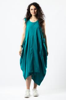 Rochie cu Croi Lejer in Colturi, Asimetrica, cu Buzunare Laterale si fara Maneci - Turquoise