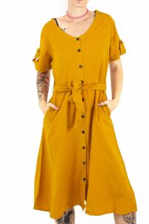 Rochie din bumbac cu cordon si maneci scurte - Mustar