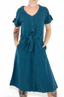 Rochie din bumbac cu cordon si maneci scurte - Teal
