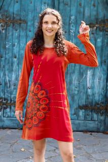 Rochie din bumbac cu maneca lunga si print mandala - Rosu