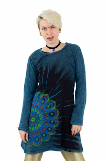 Rochie din bumbac cu maneca lunga si print mandala -Teal