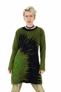 Rochie din bumbac cu maneca lunga si print mandala - Verde