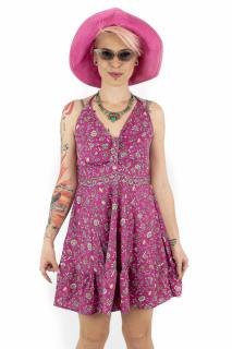 Rochie scurta cu imprimeu floral si snur - Fucsia - M-19