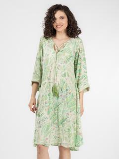 Rochie scurta din material fluid cu maneci trei sfert, imprimeu floral si detalii aurii - Model 7