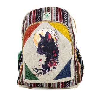 Rucsac mare din canepa si bumbac cu print artistic - Black Cat