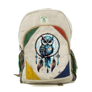Rucsac mare din canepa si bumbac cu print artistic - Bufnita si Prinzator de Vise