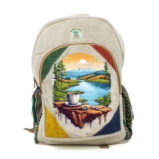 Rucsac mare din canepa si bumbac cu print artistic - Cafea si Natura