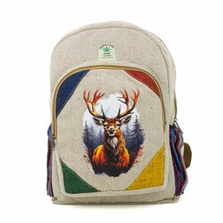 Rucsac mare din canepa si bumbac cu print artistic - Cerb in decor de iarna feerica