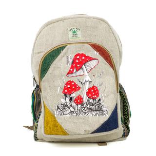 Rucsac mare din canepa si bumbac cu print artistic - Ciuperci Fermecate si Fluturi