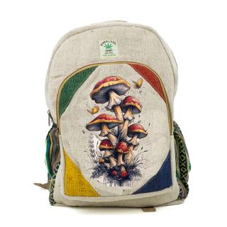 Rucsac mare din canepa si bumbac cu print artistic - Ciupercile Padurii Fermecate