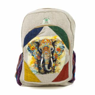 Rucsac mare din canepa si bumbac cu print artistic - Elefant sacru si lotusul