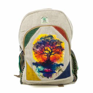 Rucsac mare din canepa si bumbac cu print artistic - Tree of Life si Lotus