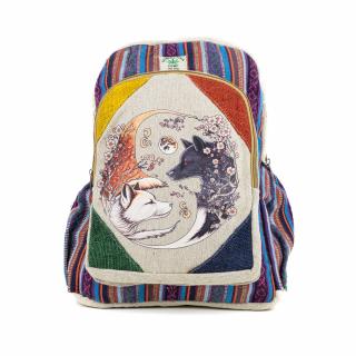 Rucsac mare din canepa si bumbac cu print artistic - Vulpe - White (Yin)  Black (Yang)