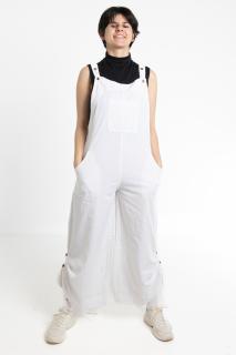 Salopeta Boho Intr-o Culoare cu Bretele Reglabile Elastic in Talie si Croi Lejer - Alb