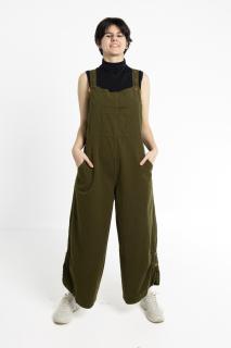 Salopeta Boho Intr-o Culoare cu Bretele Reglabile Elastic in Talie si Croi Lejer - Khaki