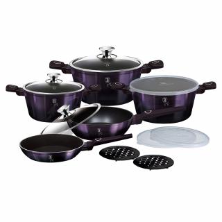 Set oale si tigai cu capace 13 piese Purple Eclipse Berlinger Haus BH 7143, strat antiaderent titan, mov, inductie