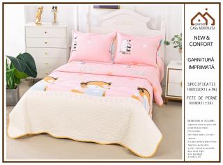 Cuvertura De Pat 3 Piese, din Bumbac Satinat, Roz Crem Desene-P5924