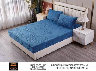 Husa Cocolino cu Elastic, cu Fluturi Gofrati, 180x200cm+2 Fete de Perna, Albastru-M7520