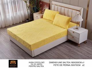 Husa Cocolino cu Elastic, cu Fluturi Gofrati, 180x200cm+2 Fete de Perna, Galben-M7517
