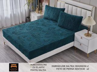 Husa Cocolino cu Elastic, cu Fluturi Gofrati, 180x200cm+2 Fete de Perna, Verde Inchis-M6624