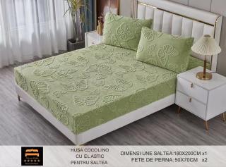 Husa Cocolino cu Elastic, cu Fluturi Gofrati, 180x200cm+2 Fete de Perna, Verde-M6619