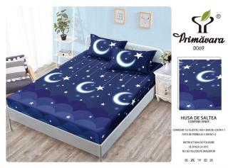 Husa de Pat din Finet cu Elastic,160x200cm+2 fete de perna, Bleumarin Luna Stele-P5871