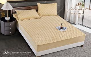 Husa matlasata tip topper din catifea, 160x200cm+2 fete de perna 50x70cm, Bej-H6810