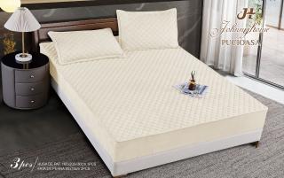 Husa matlasata tip topper din catifea, 160x200cm+2 fete de perna 50x70cm, Crem-H6812