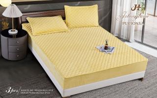 Husa matlasata tip topper din catifea, 160x200cm+2 fete de perna 50x70cm, Galben-H6817
