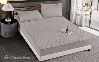 Husa matlasata tip topper din catifea, 160x200cm+2 fete de perna 50x70cm, Gri Deschis-H6806