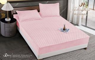 Husa matlasata tip topper din catifea, 160x200cm+2 fete de perna 50x70cm, Roz Deschis-H6816