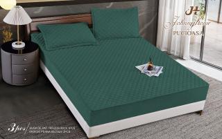 Husa matlasata tip topper din catifea, 160x200cm+2 fete de perna 50x70cm, Verde-H6819