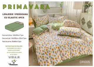 Lenjerie 4 Piese 1 Persoana, cu Elastic, din Bumbac Creponat, Verde Lalele-P6661