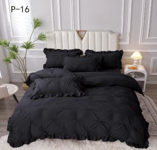 Lenjerie Bumbac 4 Piese cu Volanase si Pliuri Brodate, Negru-P5669