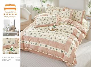 Lenjerie Bumbac Finet Premium 4 Piese cu Volanase, Bej Crem Floricele-M4648