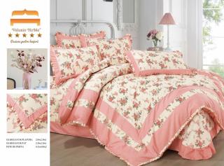 Lenjerie Bumbac Finet Premium 4 Piese cu Volanase, Corai Crem Flori-M4663