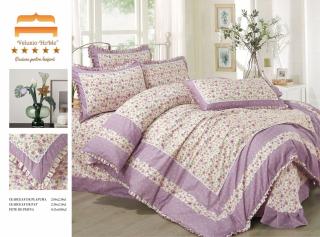 Lenjerie Bumbac Finet Premium 4 Piese cu Volanase, Mov Floricele-M4666