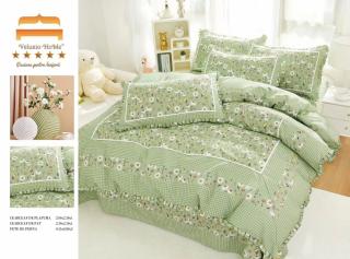 Lenjerie Bumbac Finet Premium 4 Piese cu Volanase, Verde Inchis Floricele-M4650
