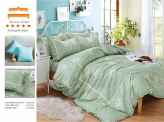 Lenjerie Bumbac Finet Premium 4 Piese cu Volanase, Verde Inchis Inimi-M4655