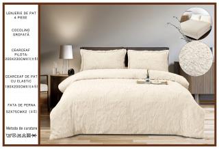 Lenjerie Cocolino Grofata, cu Blanita, 4 Piese, Cearceaf pat cu Elastic, Crem-P7100
