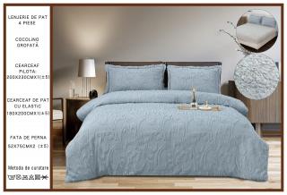 Lenjerie Cocolino Grofata, cu Blanita, 4 Piese, Cearceaf pat cu Elastic, Gri Albastrui-P7098