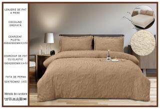 Lenjerie Cocolino Grofata, cu Blanita, 4 Piese, Cearceaf pat cu Elastic, Maro-P7096