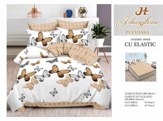 Lenjerie de Pat Finet 6 Piese cu Elastic, Alb Bej Fluturi-H7152