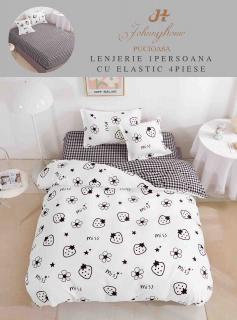 Lenjerie Finet 4 Piese 1 Persoana, cu Elastic, Floricele Capsune-H7420