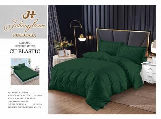 Lenjerie Pat 1 Persoana din Damasc Finetat, 4 Piese cu Elastic, Model Dungat, Verde Inchis