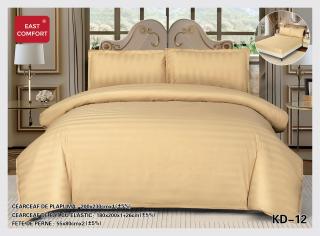 Lenjerie Pat Dublu din Bumbac Damasc, 4 Piese cu Elastic, Model Dungat, Bej Deschis-D7725